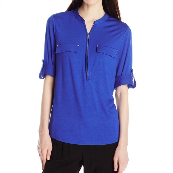 Calvin Klein Solid Zip Front Roll Blouse